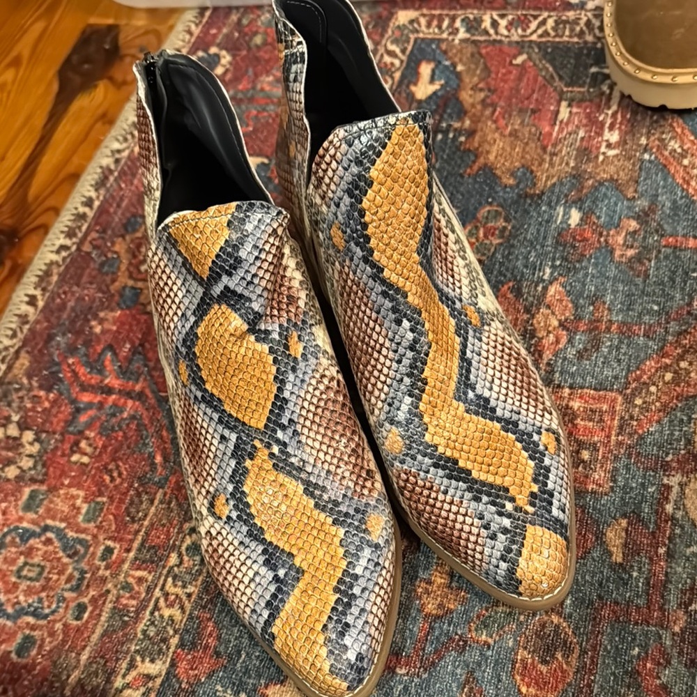 Blondo Yellow and Black Ankle Booties with Snakeskin Texture